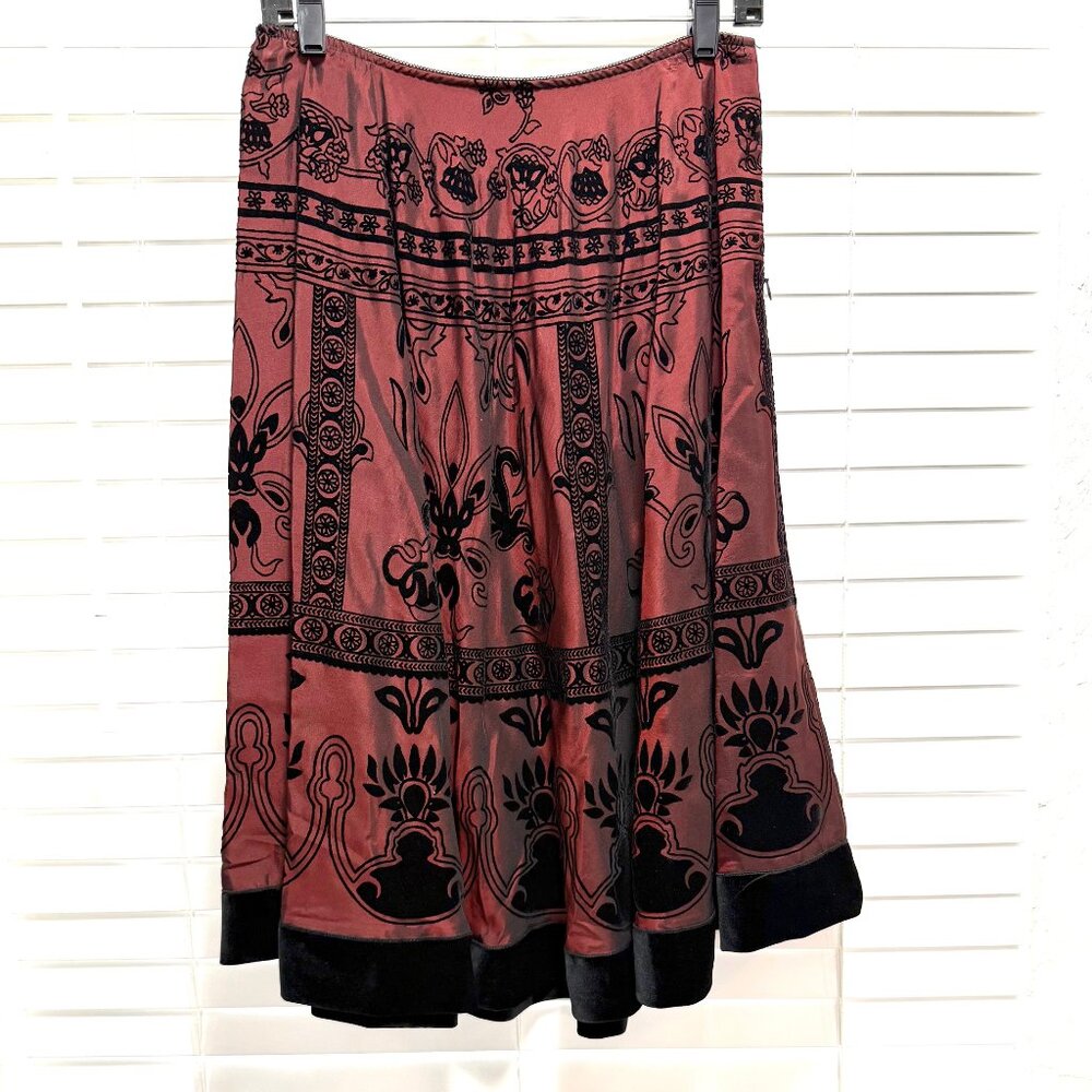 MSK Women's boho ruby red midi-skirt with exquisite black flocking Size L